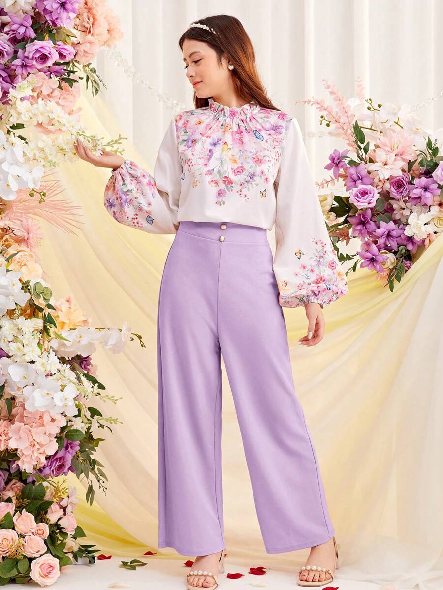 SHEIN Conjunto de 2 peças com Camisa Tecida de Manga Bolha Floral para Adolescente com Decoração de Botão de Pérola e Calça Casual Longa