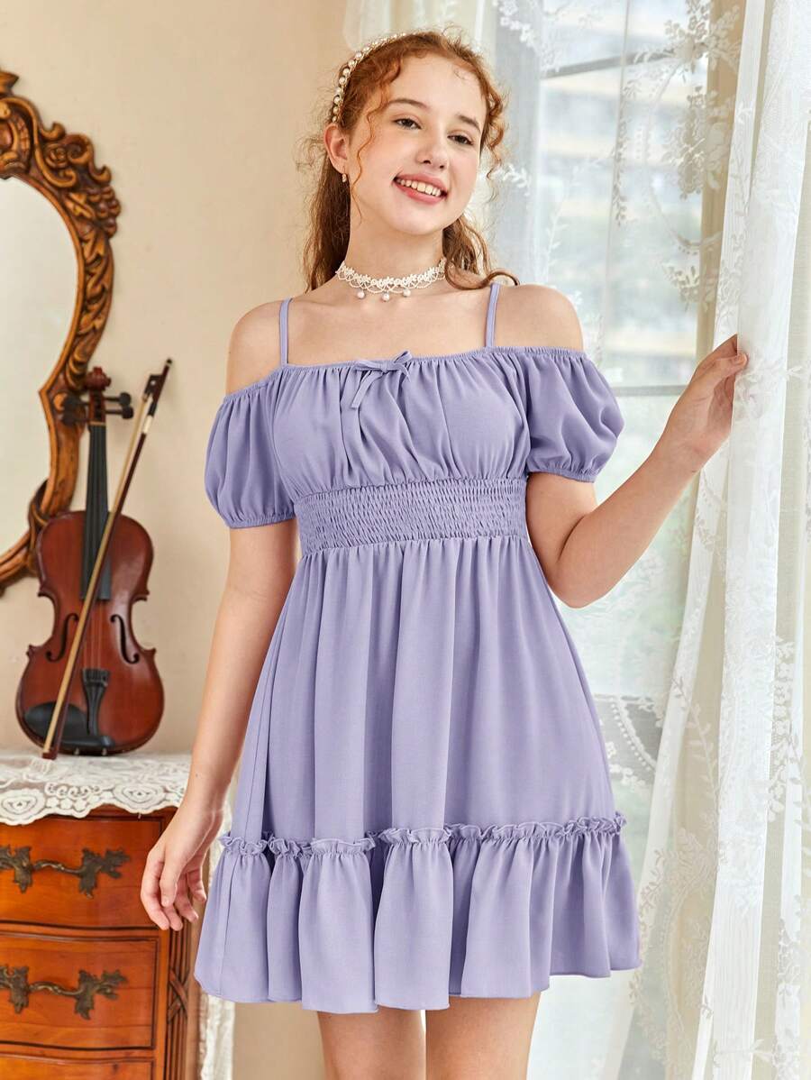 SHEIN Tienermeisjesjurk met koude schouder en ruches in de taille