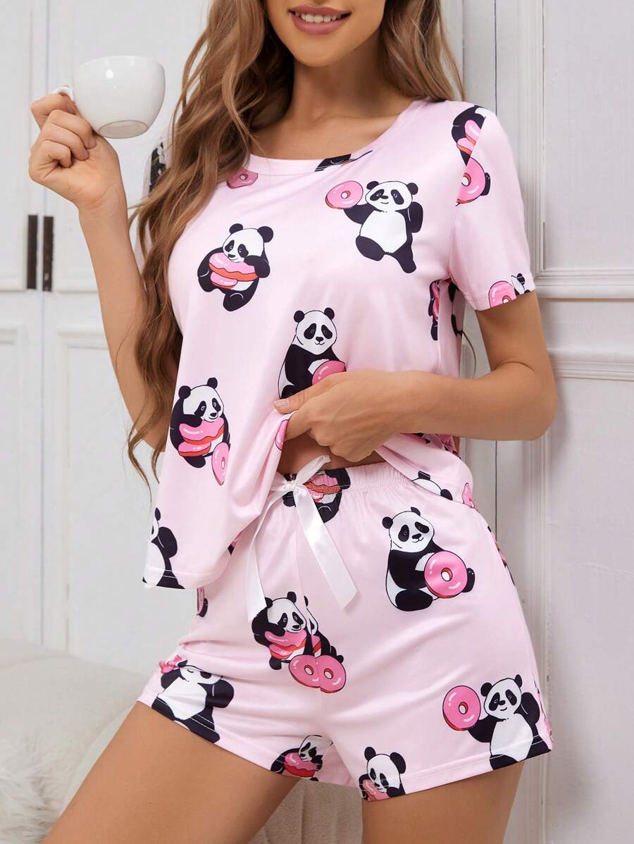 Conjunto de pijama para mujer con estampado de panda y rosquilla, cuello redondo, talla regular