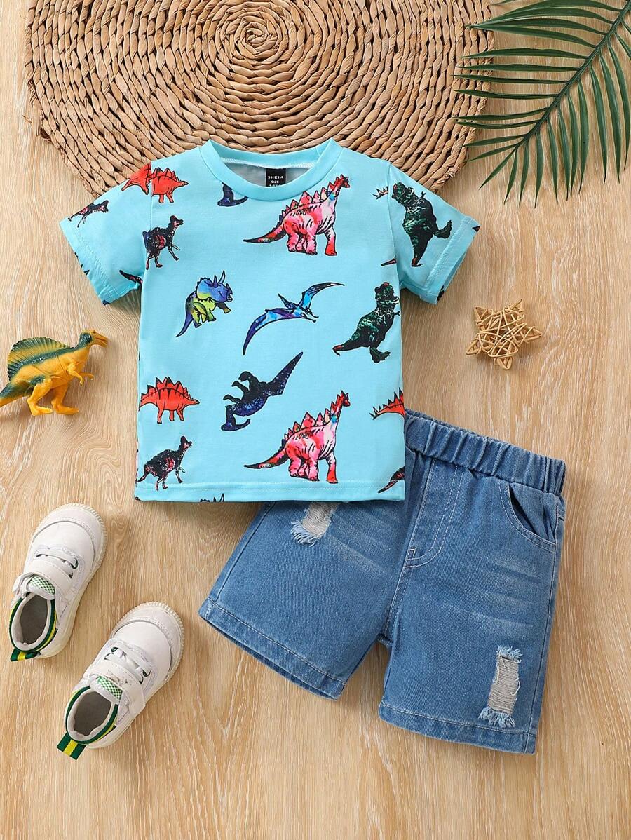 Baby Jongens Dinosaurus Geprint Tops En Verontrust Denim shorts Sets Voor Zomer