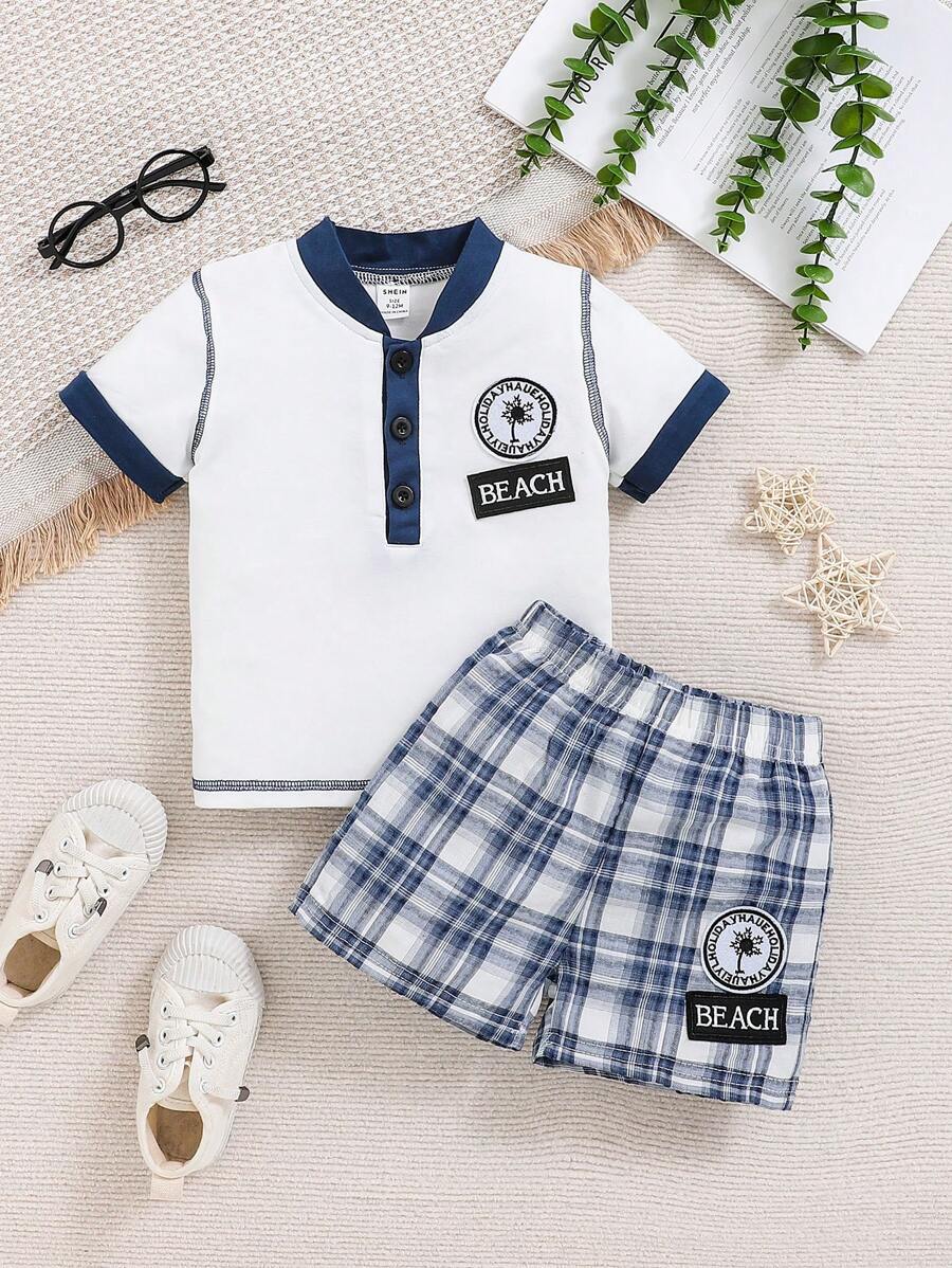 Conjunto De Camiseta De Manga Corta Y Pantalón Corto De Cuadros Para Bebé Niño En Verano