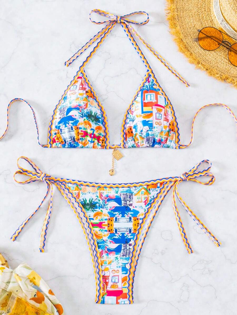 Swim Vcay Abito bikini a stampa albero di palma con scollo all'americana e lacci per il collo per donne estivo mare vacanza