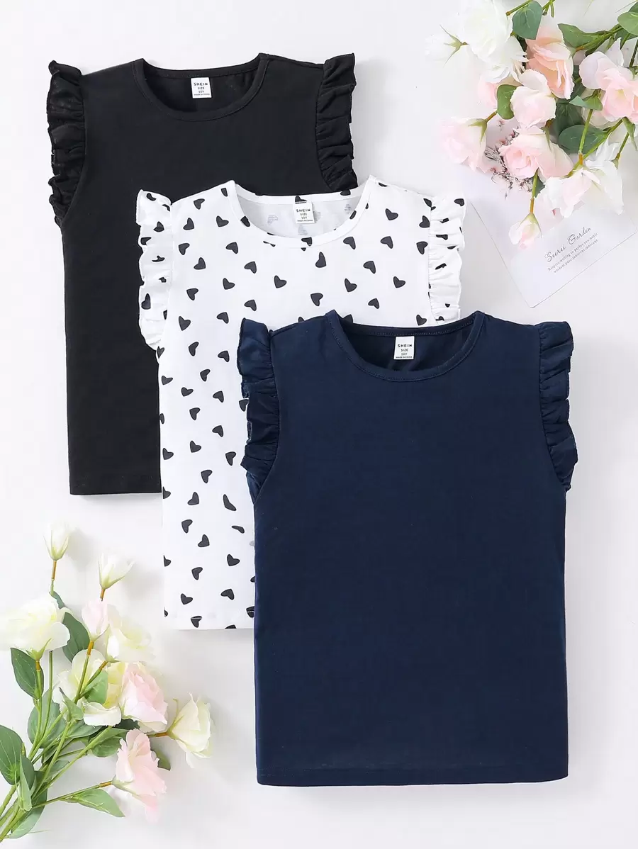 SHEIN Tween Girl 3-delige set mooie casual multicolor gebreide tanktop met hartjesprint, vakantie, zomer, reizen