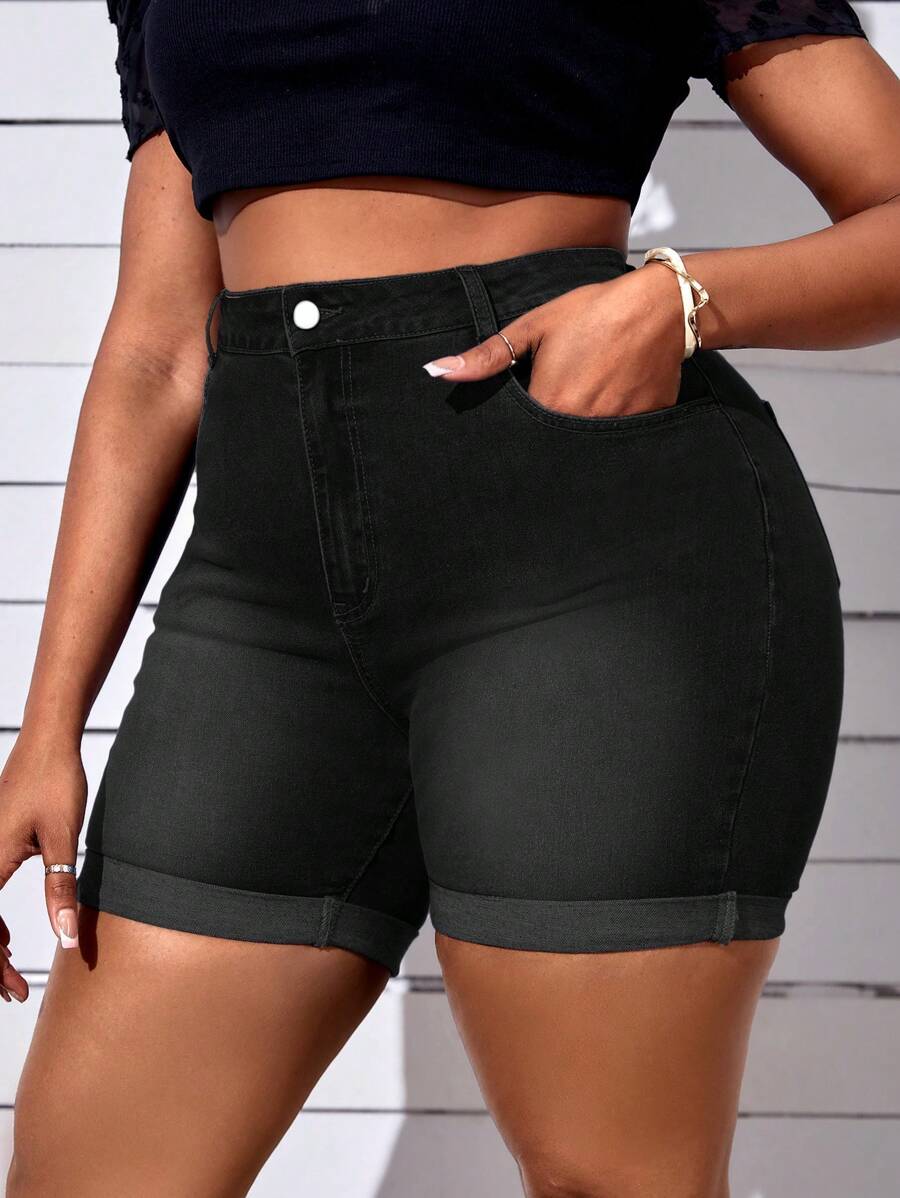 SHEIN SXY Plus Size Slim-Fit Rolled Hem Denim Shorts With Slanted Pockets, Washed