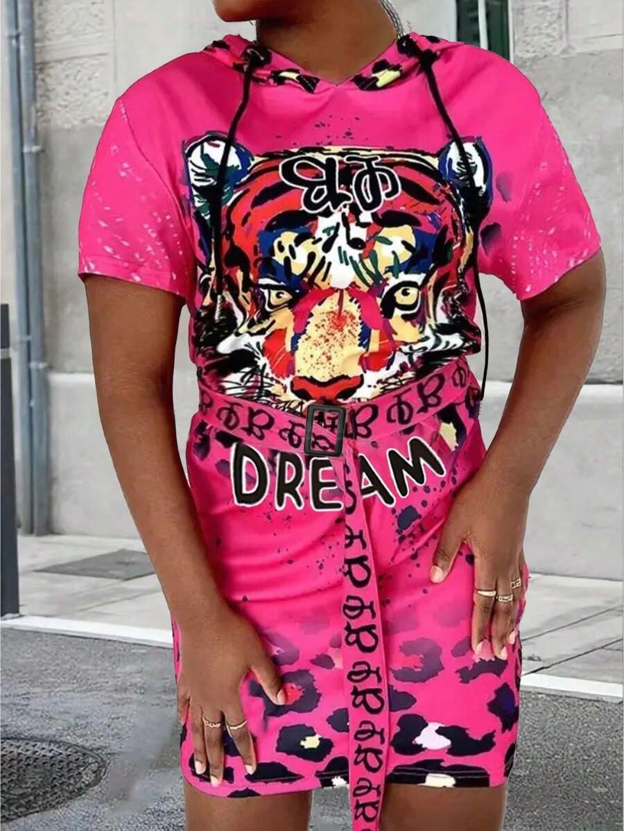 LONESS Plus Size Summer Animal Leopard Print Hooded Short Sleeve Dress