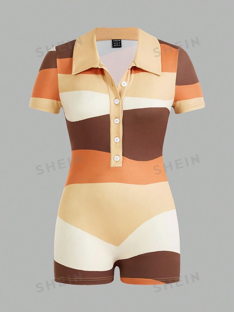 Slaydiva Mono slim ajustado, elegante y sexy con estampado de bloques de color, corte asimétrico y botones frontales para mujer, de estilo casual de festival de música de verano 2024