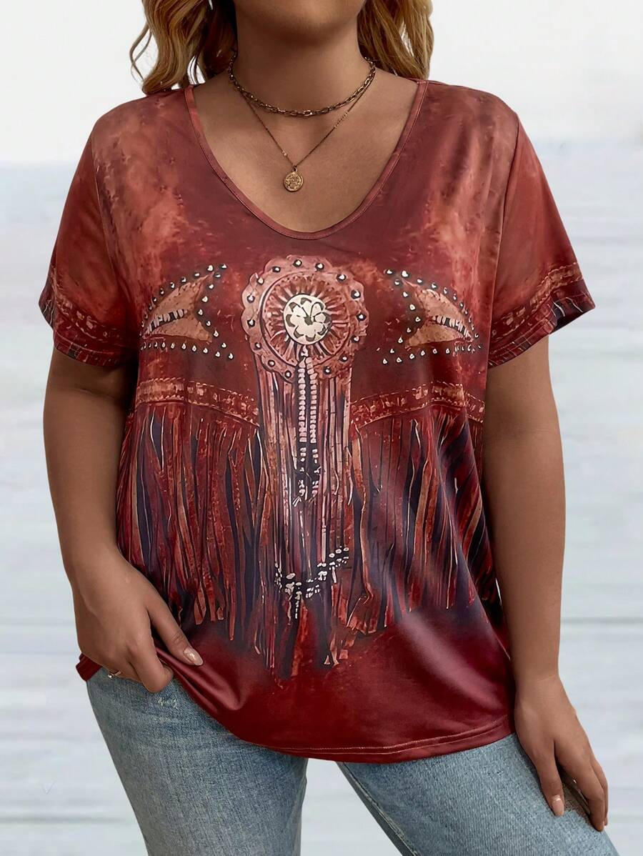 EMERY ROSE Plus Size Women's Vintage Western Style Short Sleeve T-Shirt