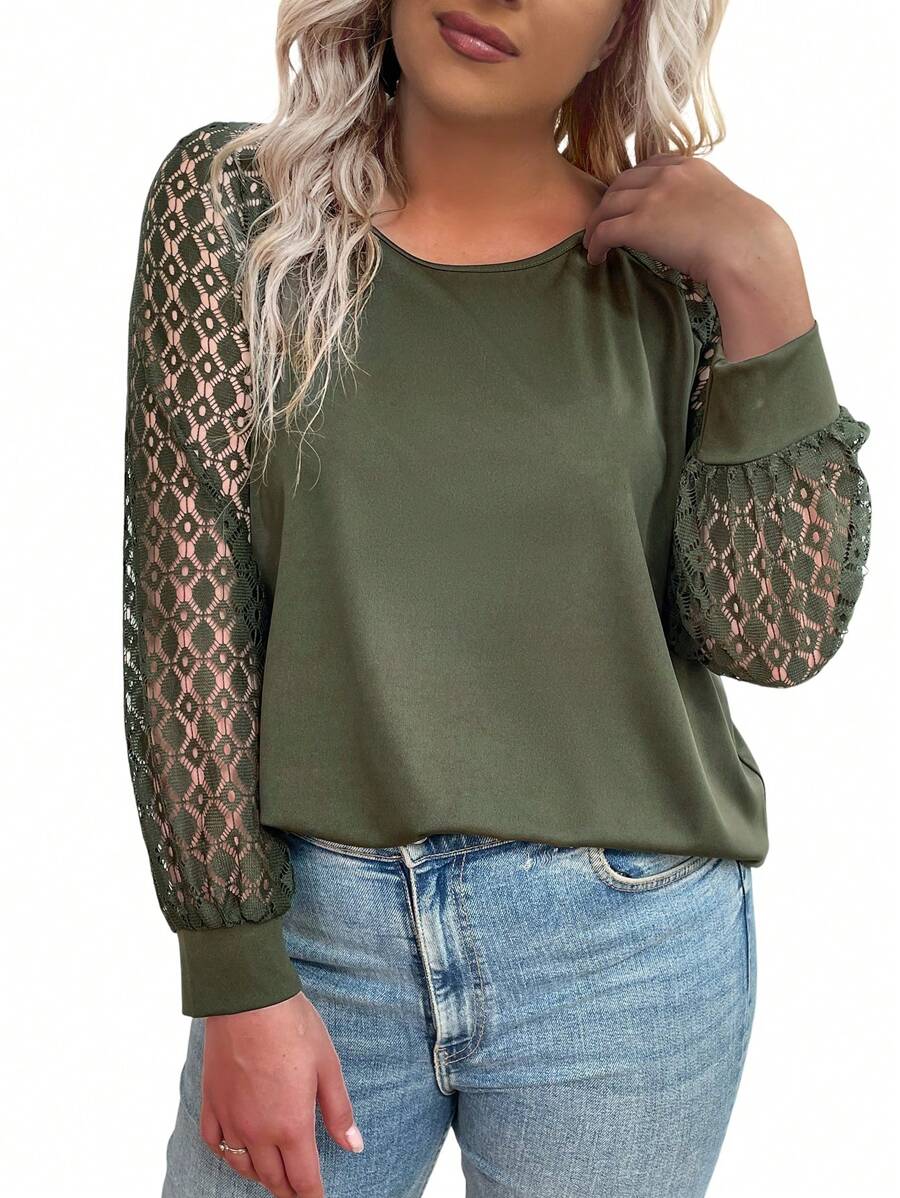 SHEIN LUNE Plus Size Women's Lace Long Sleeve T-Shirt With Round Neckline