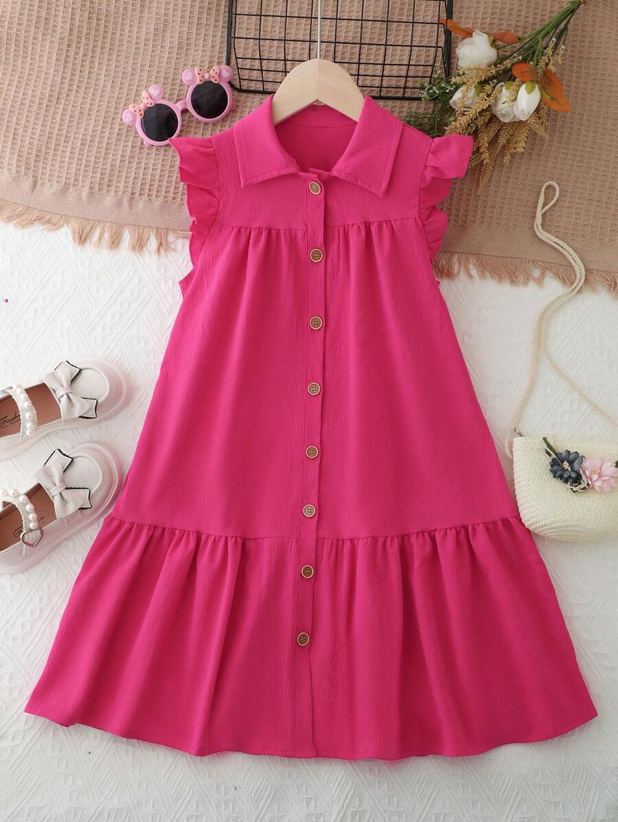 SHEIN Vestido Sólido De Manga Larga Para Niñas De Entre 8 Y 14 Años Con Dobladillo De Volantes Y Botones En La Parte Delantera