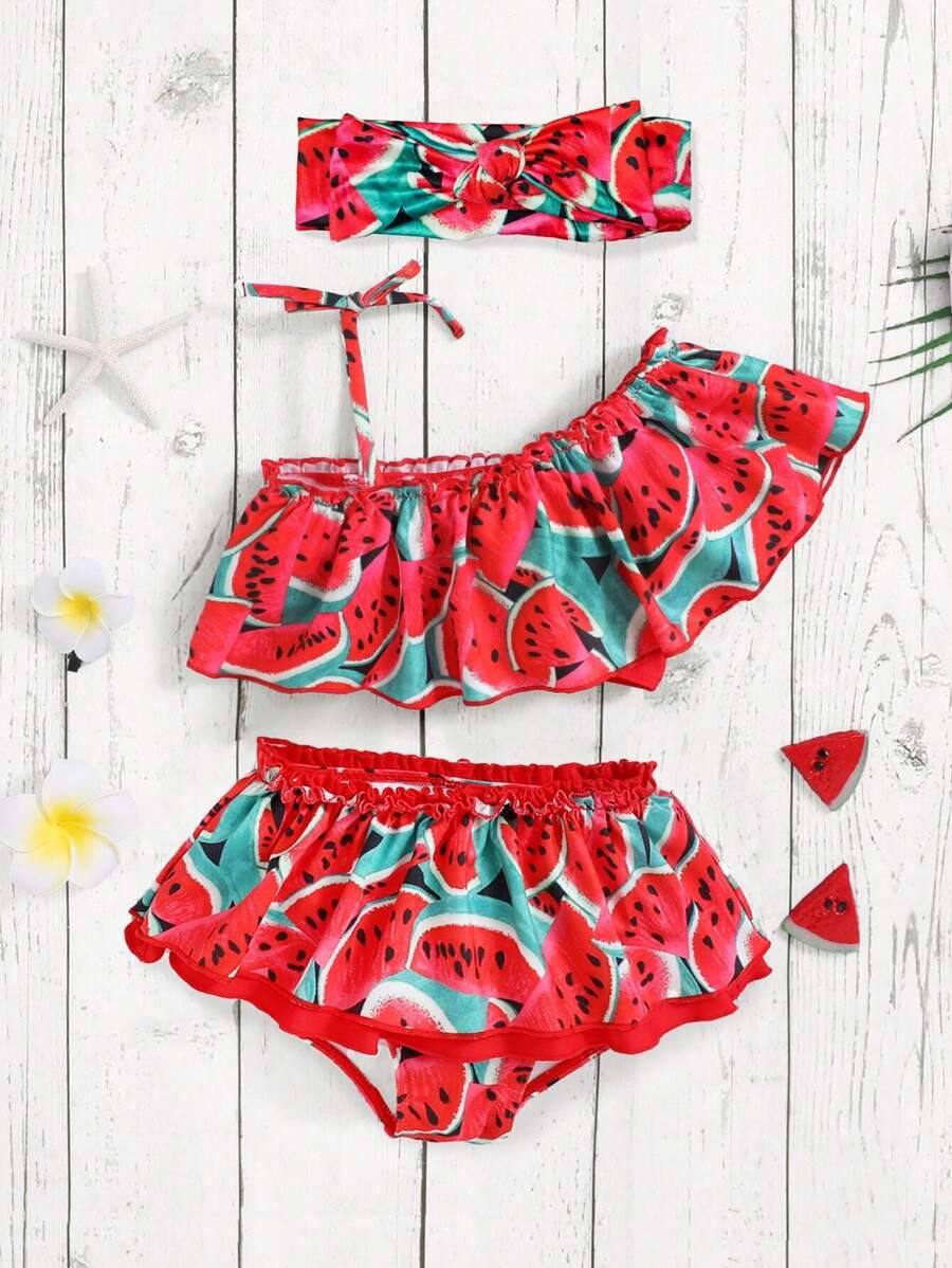 SHEIN Knitted Baby Girl Watermelon Swimsuit Set For Summer With Headband