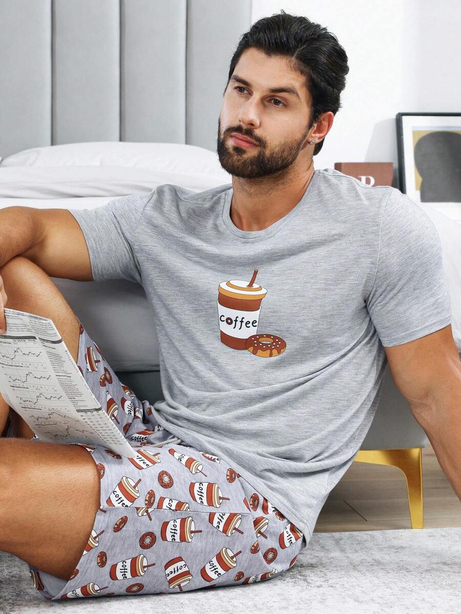 Men Casual Coffee Print Short Sleeve And Shorts Homewear Set