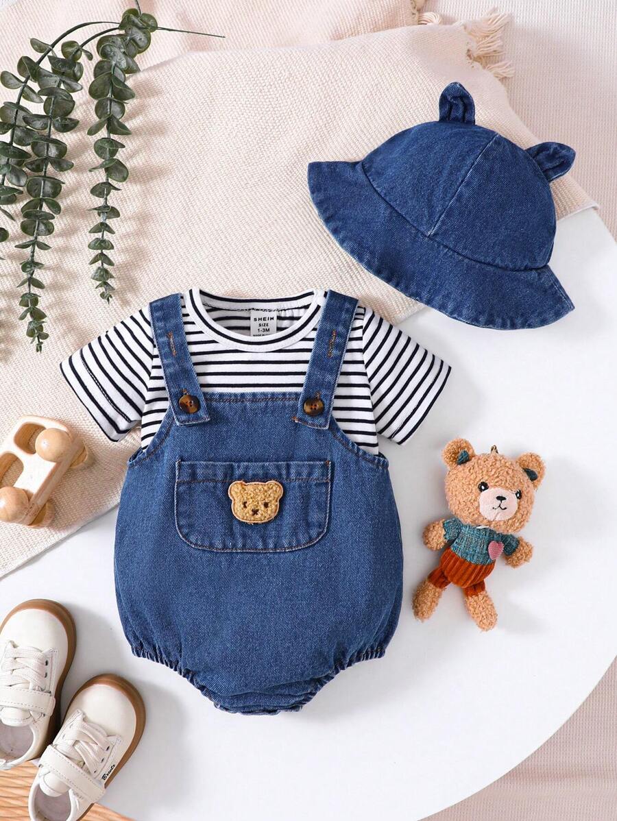 SHEIN Conjunto De Camiseta Casual De Manga Corta A Rayas Y Pantalones Cortos Con Tirantes De Oso De Peluche Para Bebé Niño, Verano