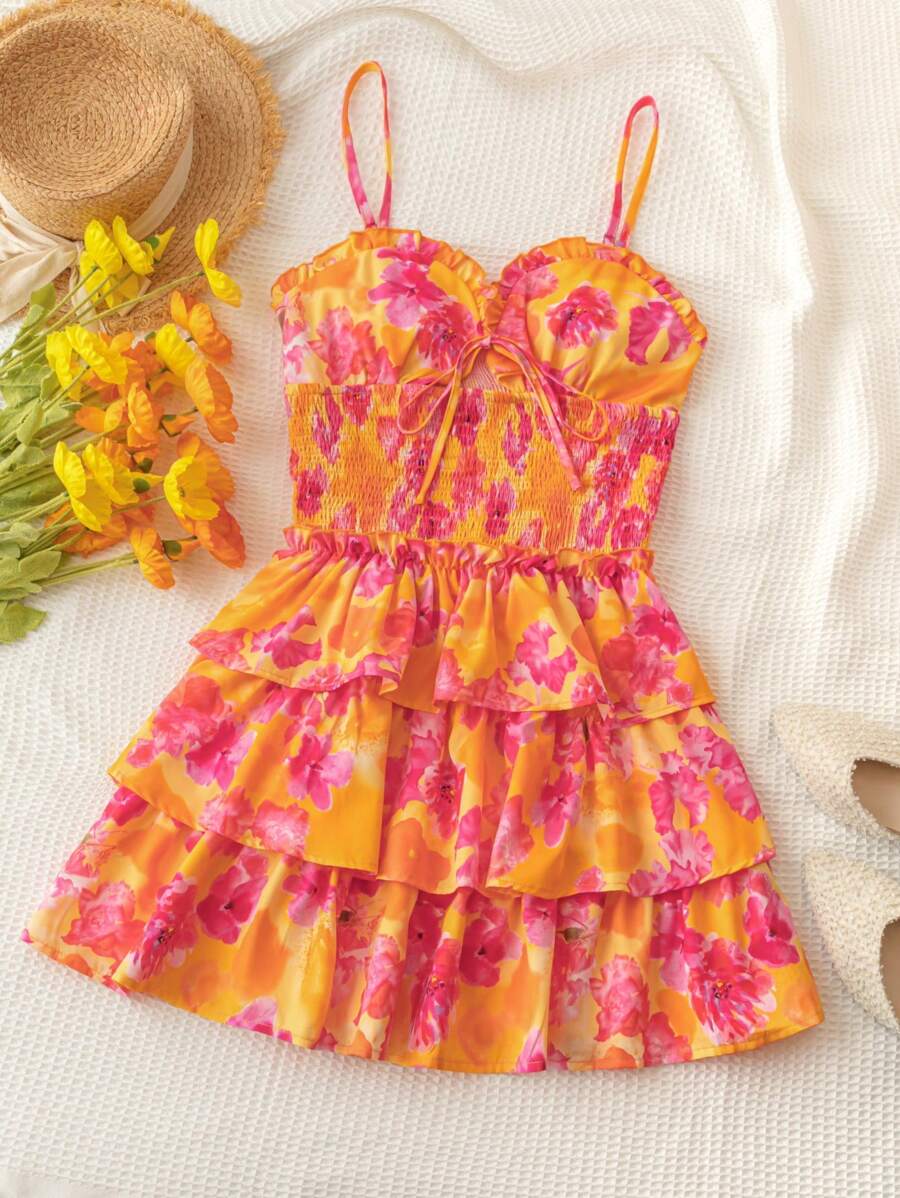 Soleia Wywh Women's Vacation Romantic Countryside Style 3 Tiered Ruffle Trimmed Sundress With Orange-Red Floral Watercolor Print And Cupped Design,Summer Dresses For Women