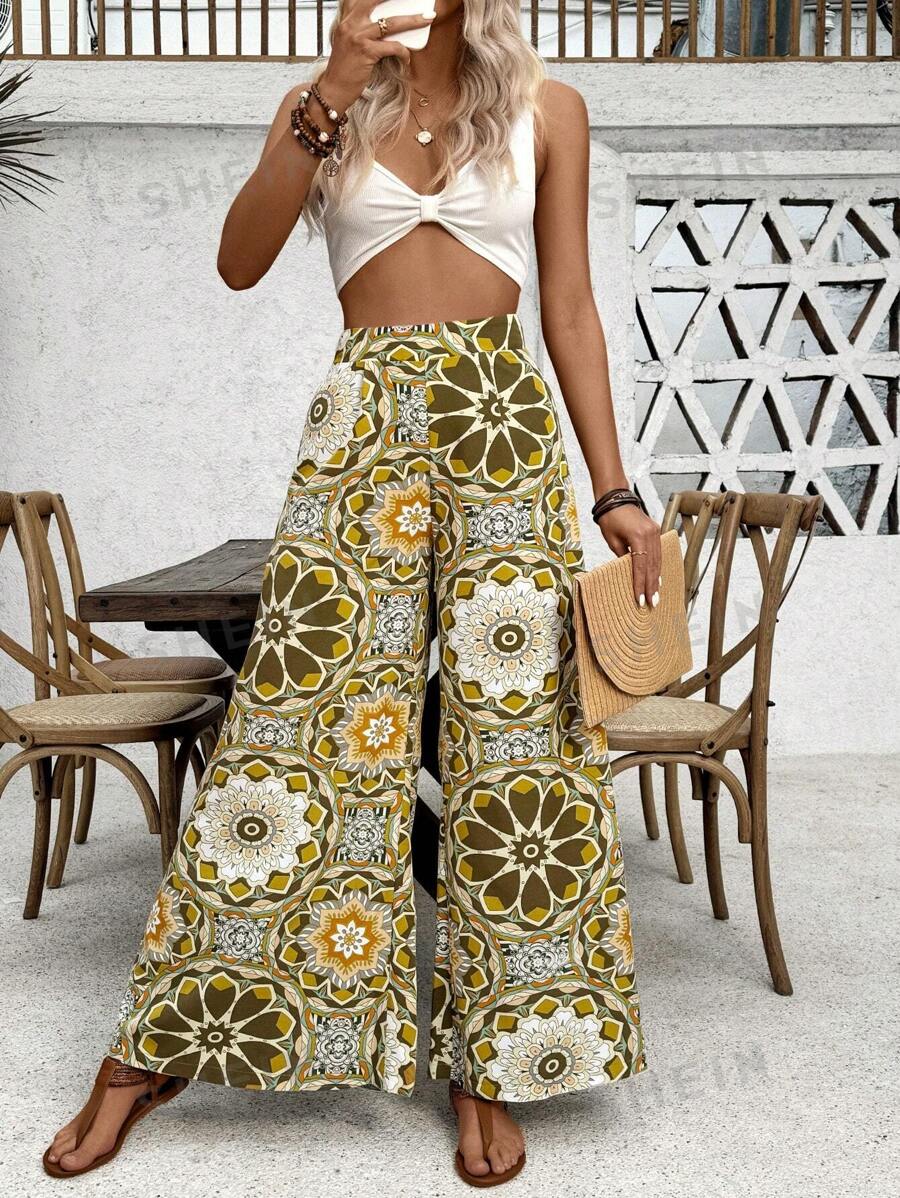 Breezaya Pantalones largos asimétricos de estilo informal y vacacional con estampado para mujer