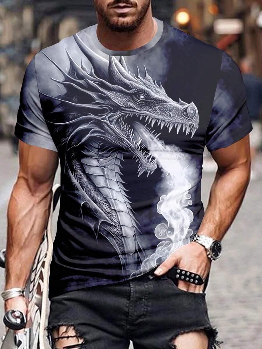 Manfinity Dauomo Men's Dragon Print Short Sleeve T-Shirt For Summer Casual Style