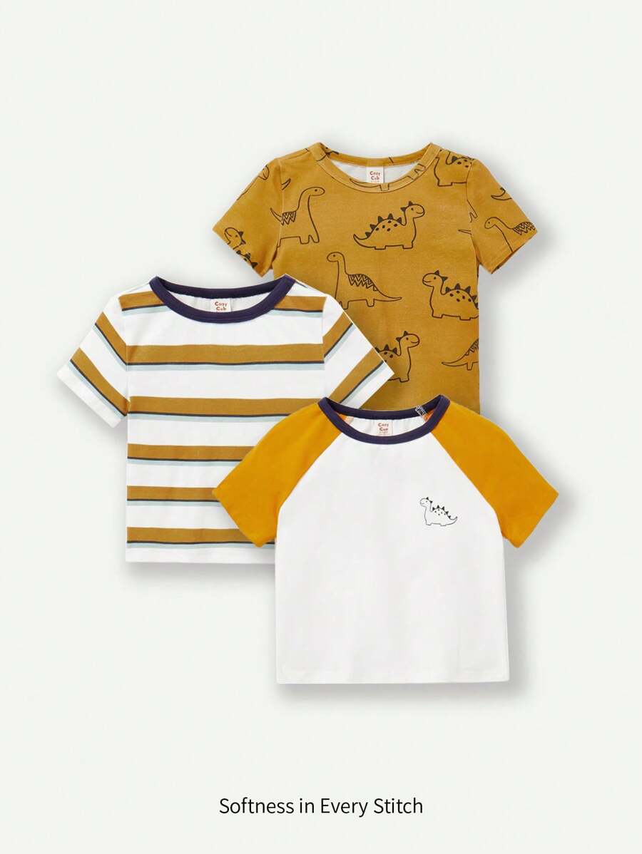 Cozy Pixies Baby Boy Cartoon Dinosaur Pattern Short Sleeve Color Block Round Neck Top 3pcs/Set