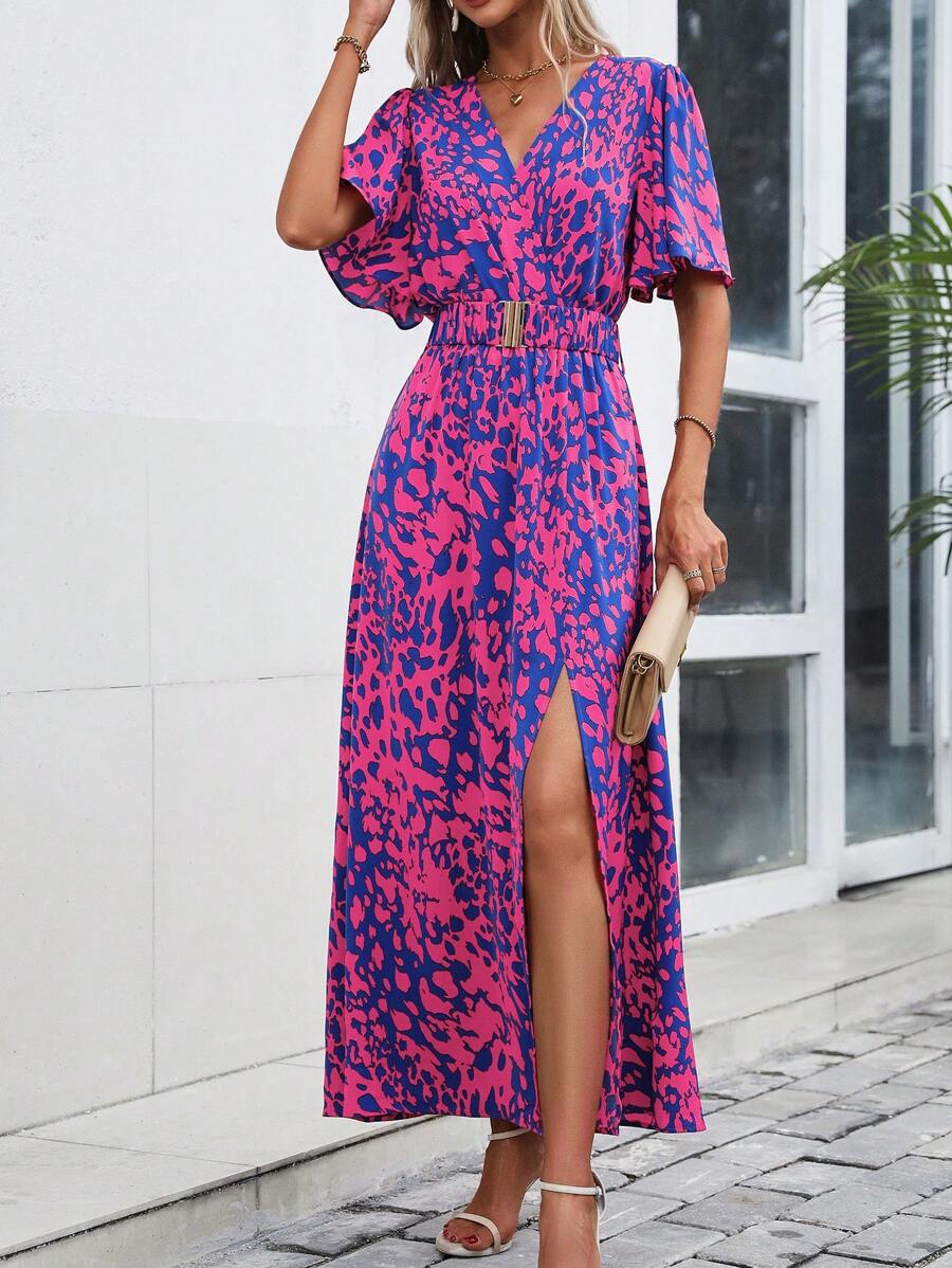 SHEIN Clasi Robe longue fendue jusqu'à la cuisse à encolure en V imprimée intégralement pour femmes