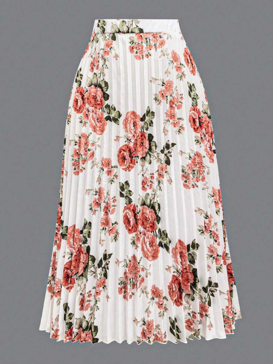 EMERY ROSE Plus Size Floral Print Casual Holiday Style Pleated Skirt Maxi Women Outfit