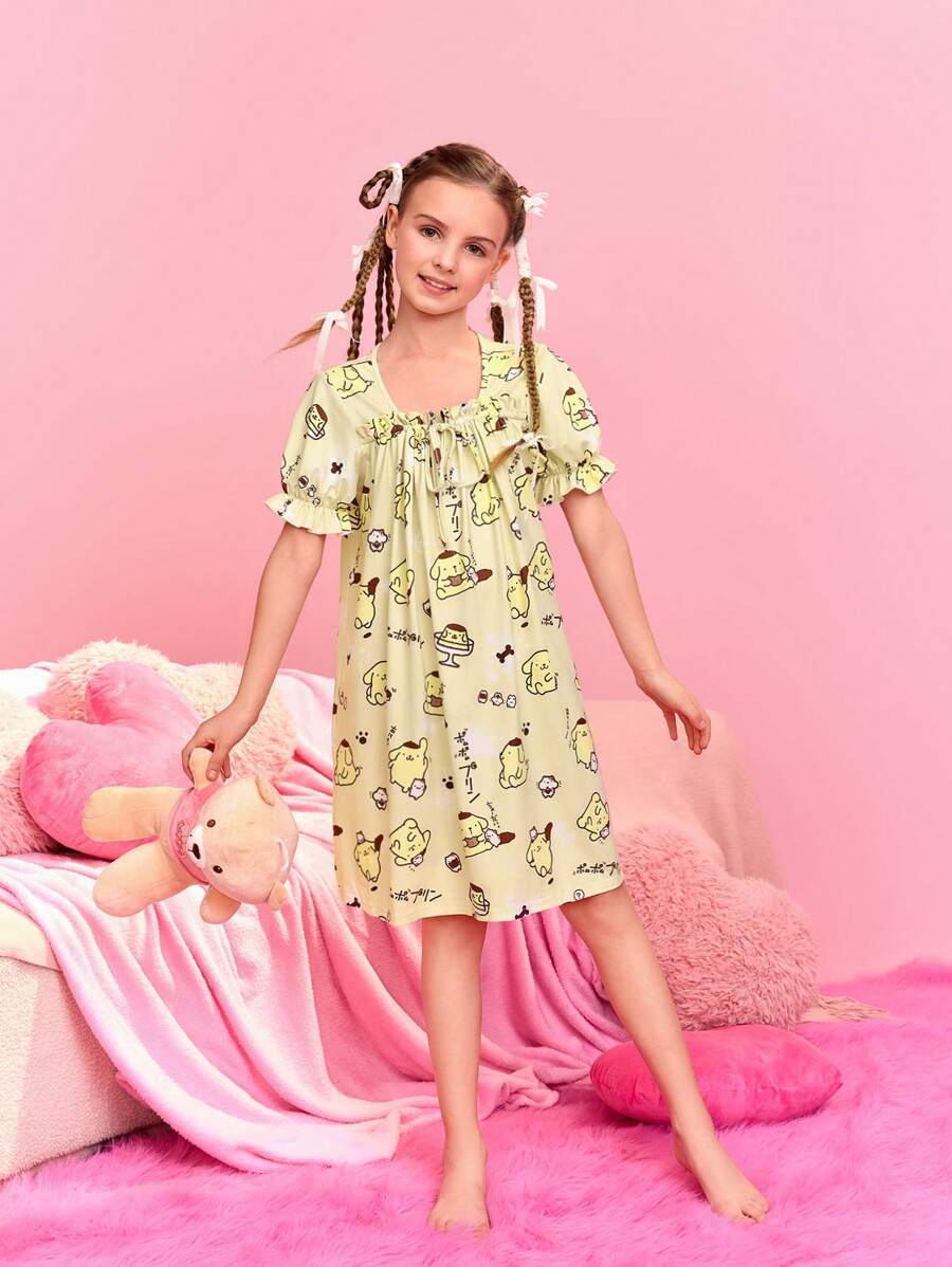 HELLO KITTY AND FRIENDS | SHEIN Tween Girl's Cute Square Neck Cartoon Printed Nightgown With Knot And Ruffle Trim
