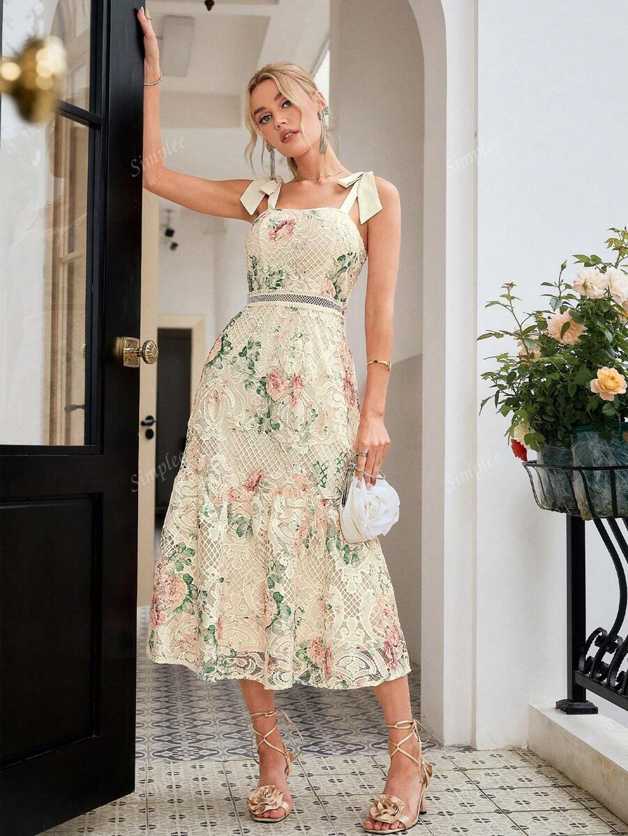 Simplee Women's Spaghetti Strap Lace Print Elegant Dress, Party Gown, Wedding Guest Dress, Birthday Outfit