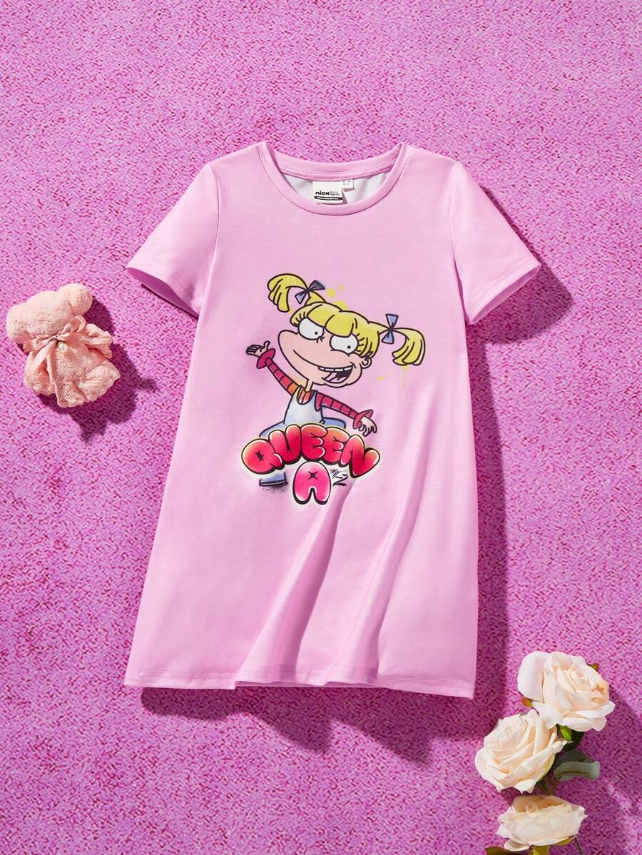 Nick 90s X SHEIN Young Girl Cute Round Collar Straight Fit Sleepwear Dress