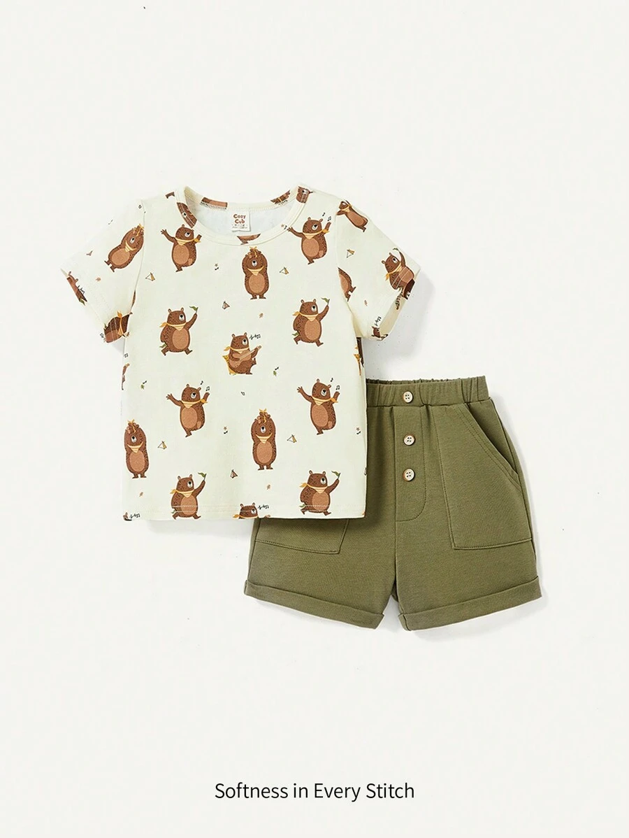 Cozy Pixies Conjunto de 2 piezas para bebé niño con parte superior de manga corta cuello redondo con estampado de oso de dibujos animados y shorts deportivos informales