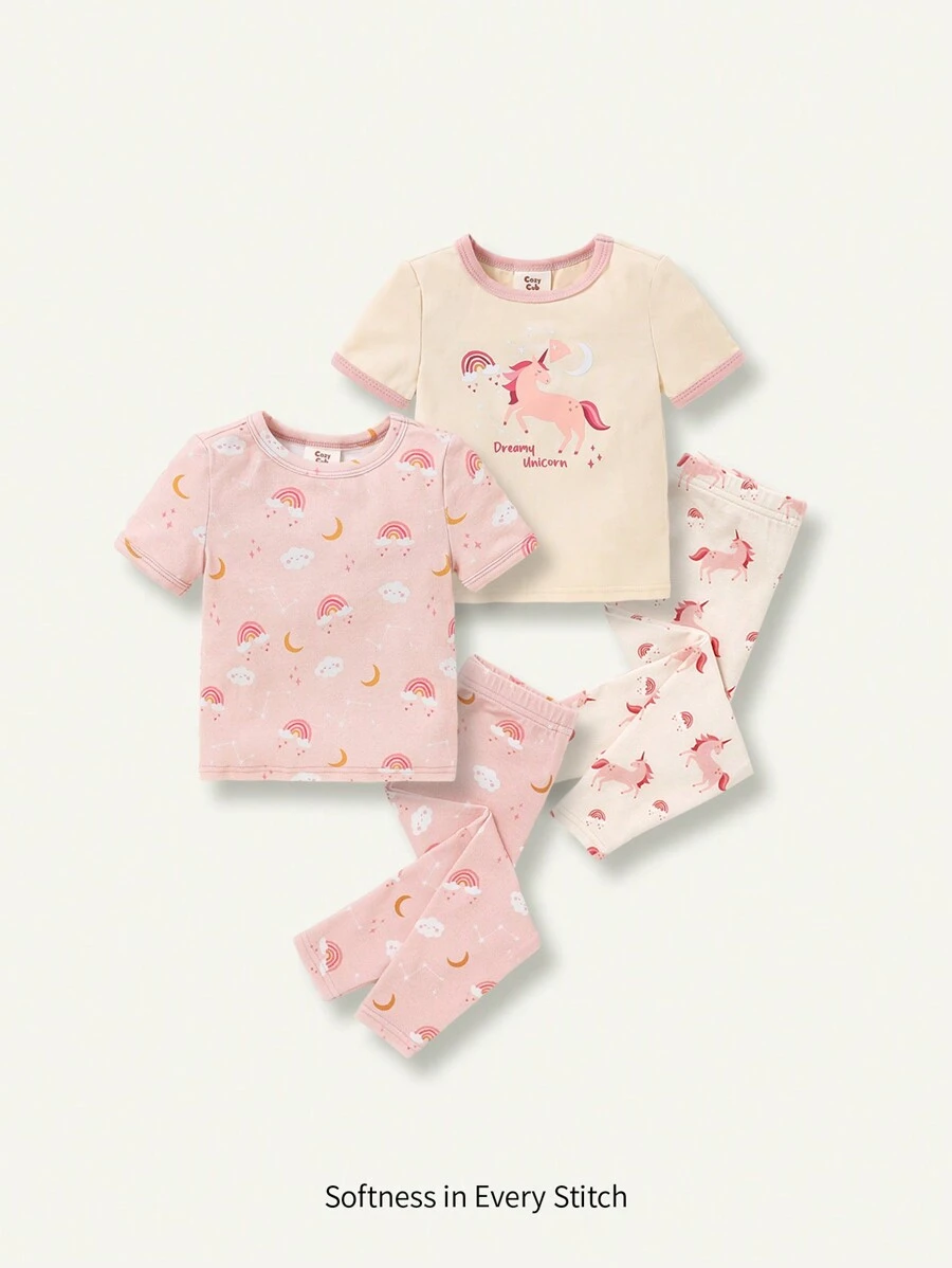 Cozy Pixies Baby Girl Snug Fit Pajama Set With Unicorn Rainbow Pattern Round Neck Short Sleeves Top And Pants, Homewear Matching Set