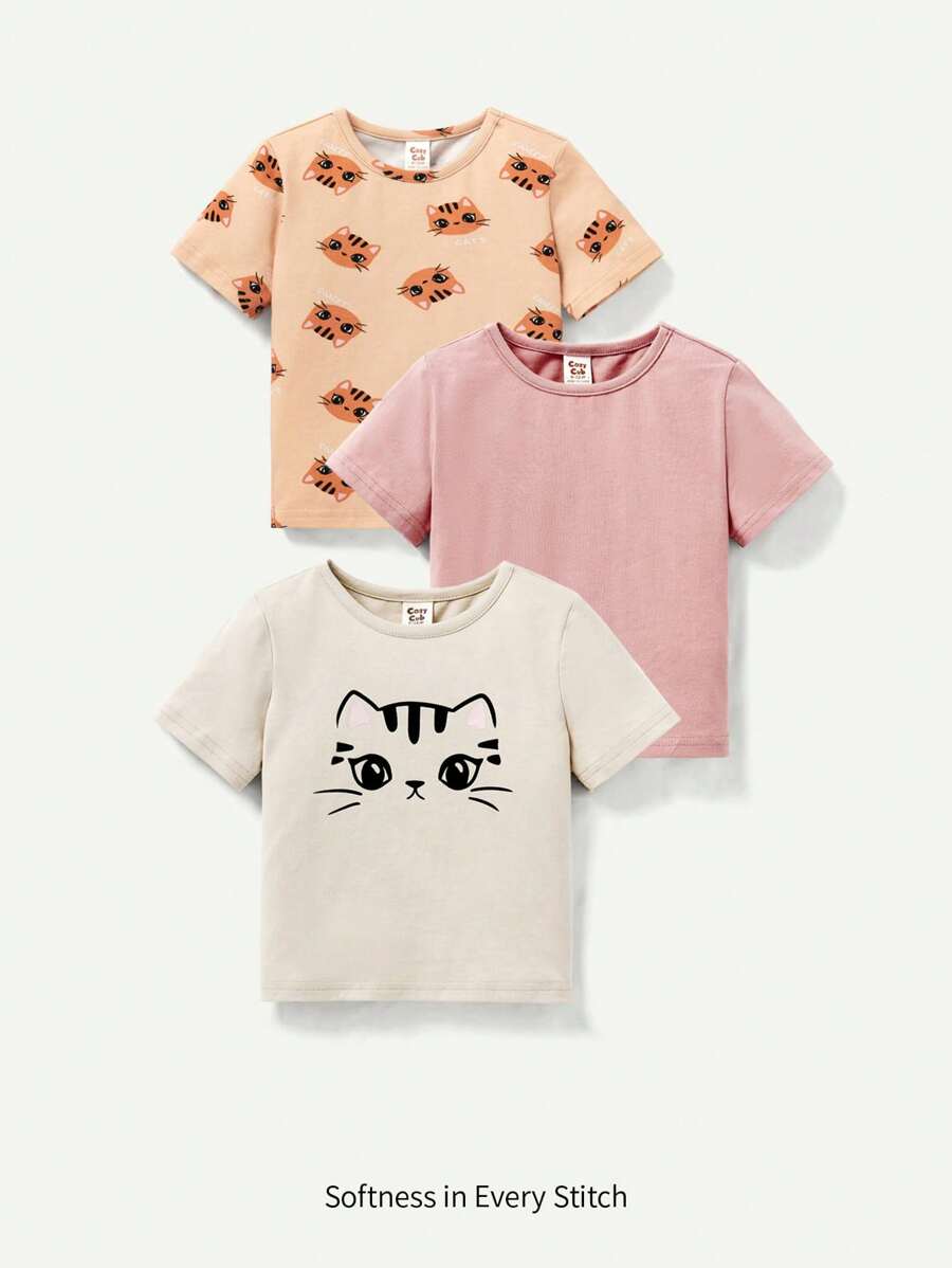 Cozy Pixies Bebé Niña Casual Animal Dibujos Animados Impreso Cuello Redondo Manga Corta Top 3 Piezas Trajes