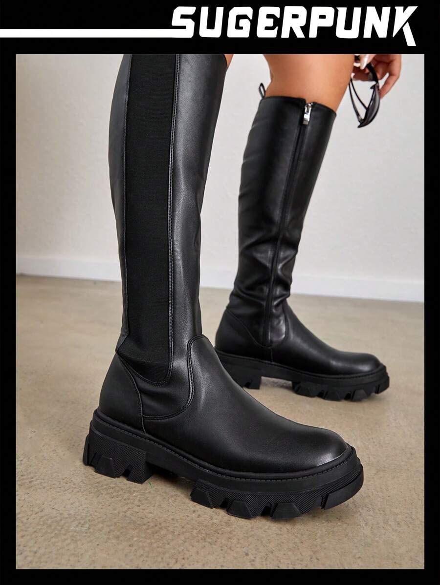 SHEIN X Lucía Bellido Sugerpunk Botines Chelsea de plataforma minimalistas de tacón alto para mujer, de color negro, para vacaciones de verano, rebajas de verano, de vuelta al colegio, para estudiantes universitarias, con estilo Y2K punk, cool, deportivos, para Navidad, otoño y Año Nuevo