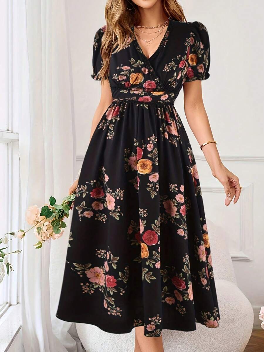 SHEIN Clasi Vestido maxi con escote en V, manga corta abultada y estampado floral para mujer