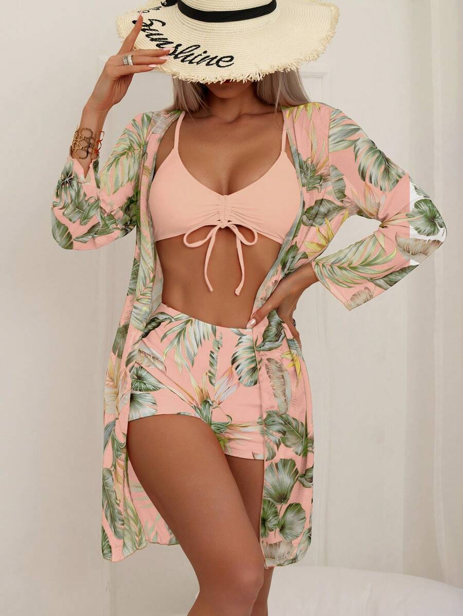 SHEIN Swim Summer Beach Tropical Print Spaghetti Strap Contrast Tropical Print Bikini Set & Kimono