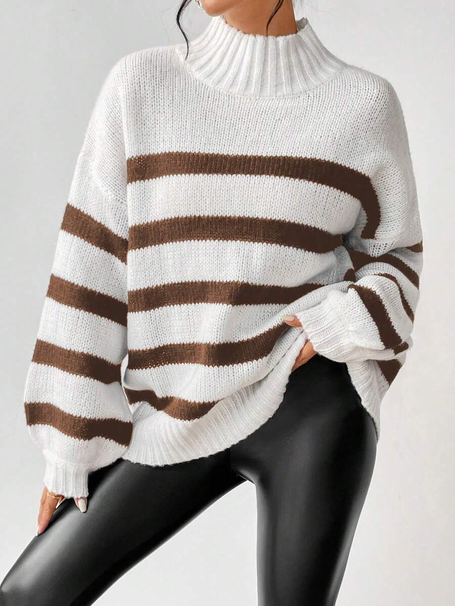 SHEIN Essnce Women's Fall/Winter Striped Drop Shoulder Wide Sleeve Loose Sweater With Stand Collar Knit Pullover