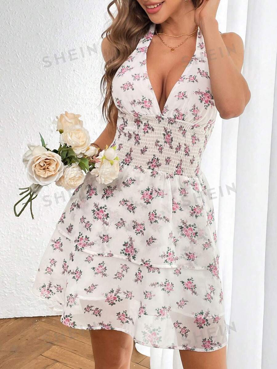 Breezaya Vestido sin espalda con estampado floral diminuto y cuello de halter para vacaciones de verano