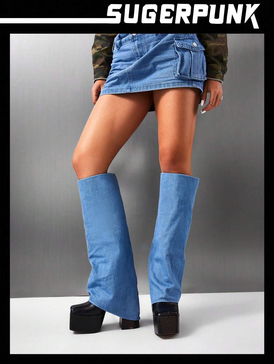 Sugerpunk Women Slip On Square Toe Platform Classic Boots, Fashionable Outdoor Denim Boots