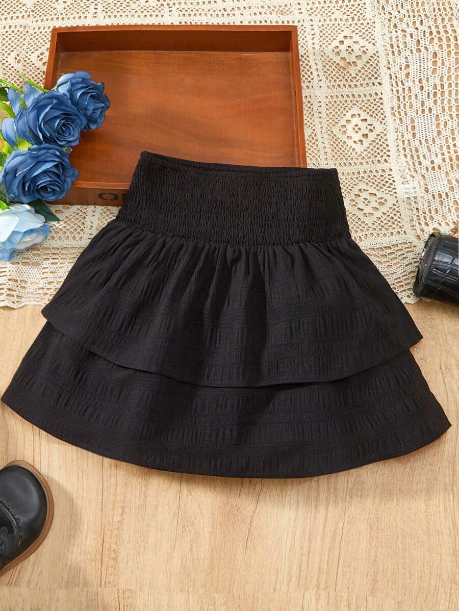 SHEIN Saia de cintura alta ondulada de duas camadas para pré-adolescentes, design de duas camadas de babados, doce, macio e respirável