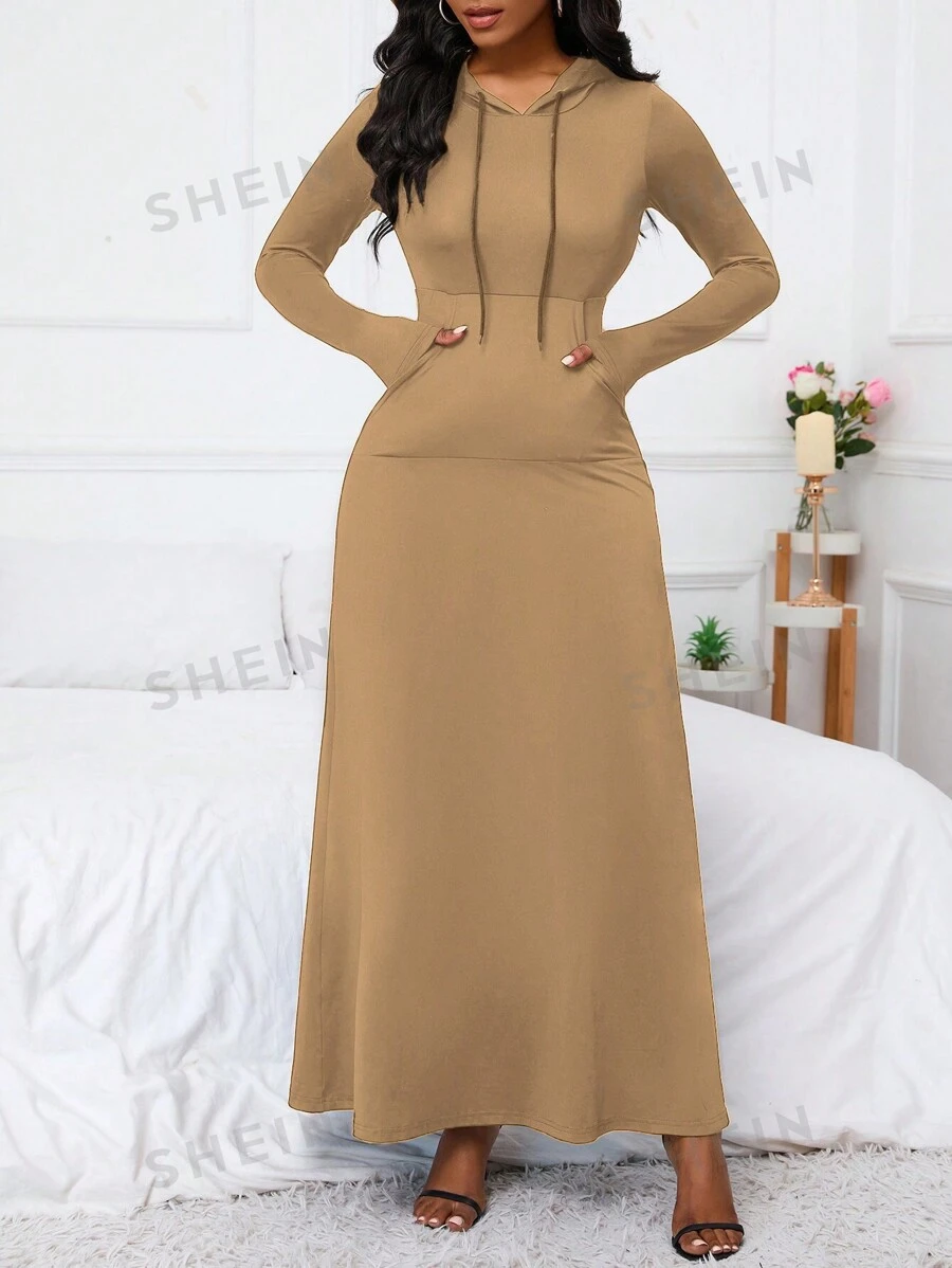 SHEIN LUNE Vestido largo con capucha, cordón y bolsillos para mujer, atuendo femenino