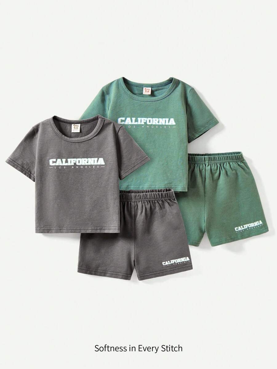 4pcs/Set Baby Boys' Casual Letter Print Round Neck Short Sleeve T-Shirt And Shorts Outfits Matching Set