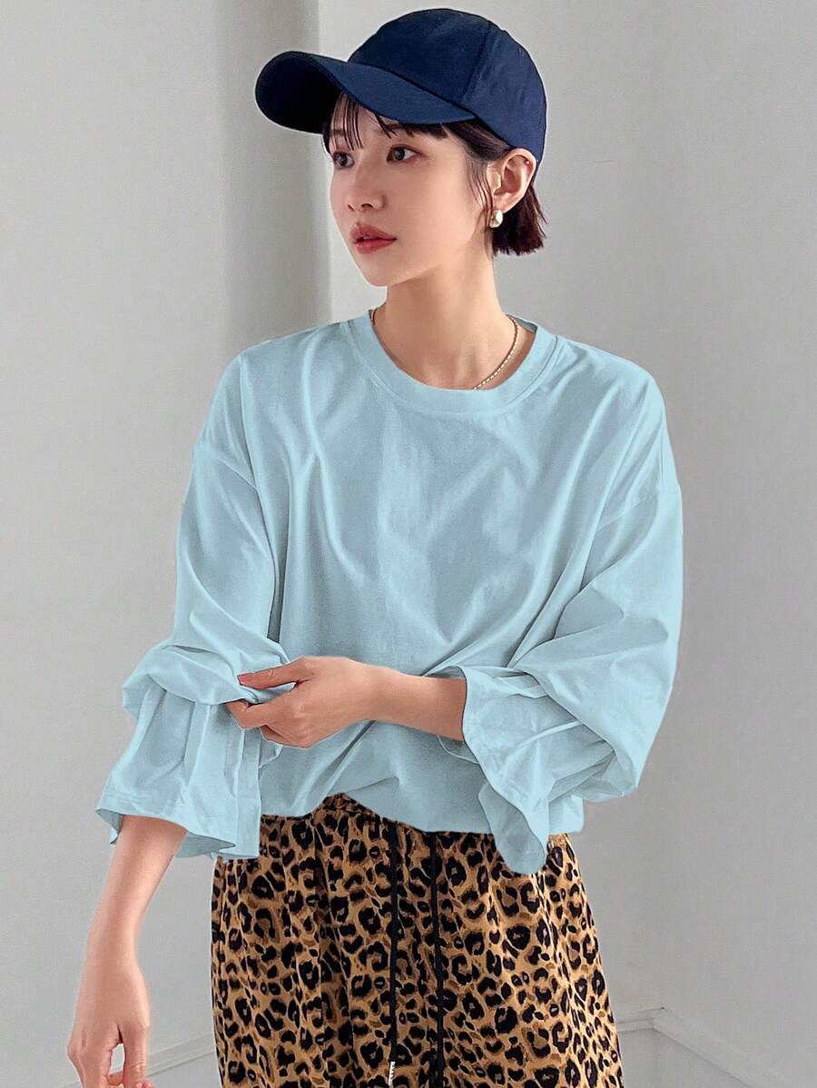 FRIFUL Women's Solid Color Drop Shoulder Ruffle Sleeve Loose T-Shirt Long Sleeve Women Tops