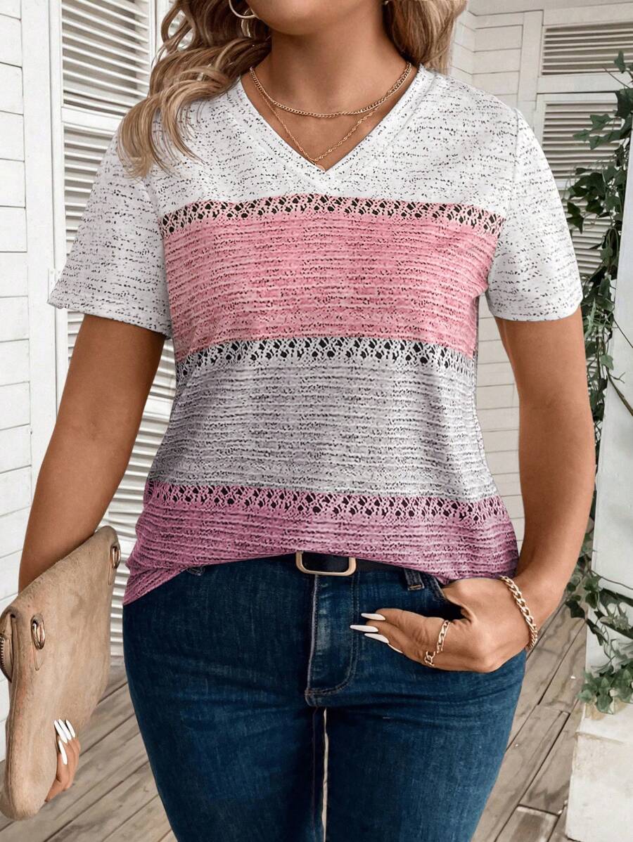 INAWLY Grote maten Kleur V-hals Korte mouwen T-shirts Voor Zomer Casual Draag