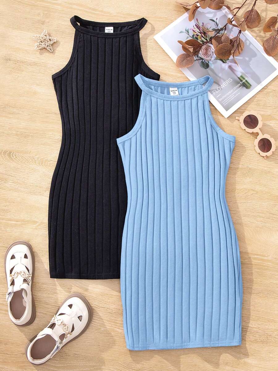 SHEIN 2 Pièces/ensemble Robe D'été Pour Filles Adolescentes Sportives, Douce Et Fraîche En Tricot Massif À Bretelles Croisées