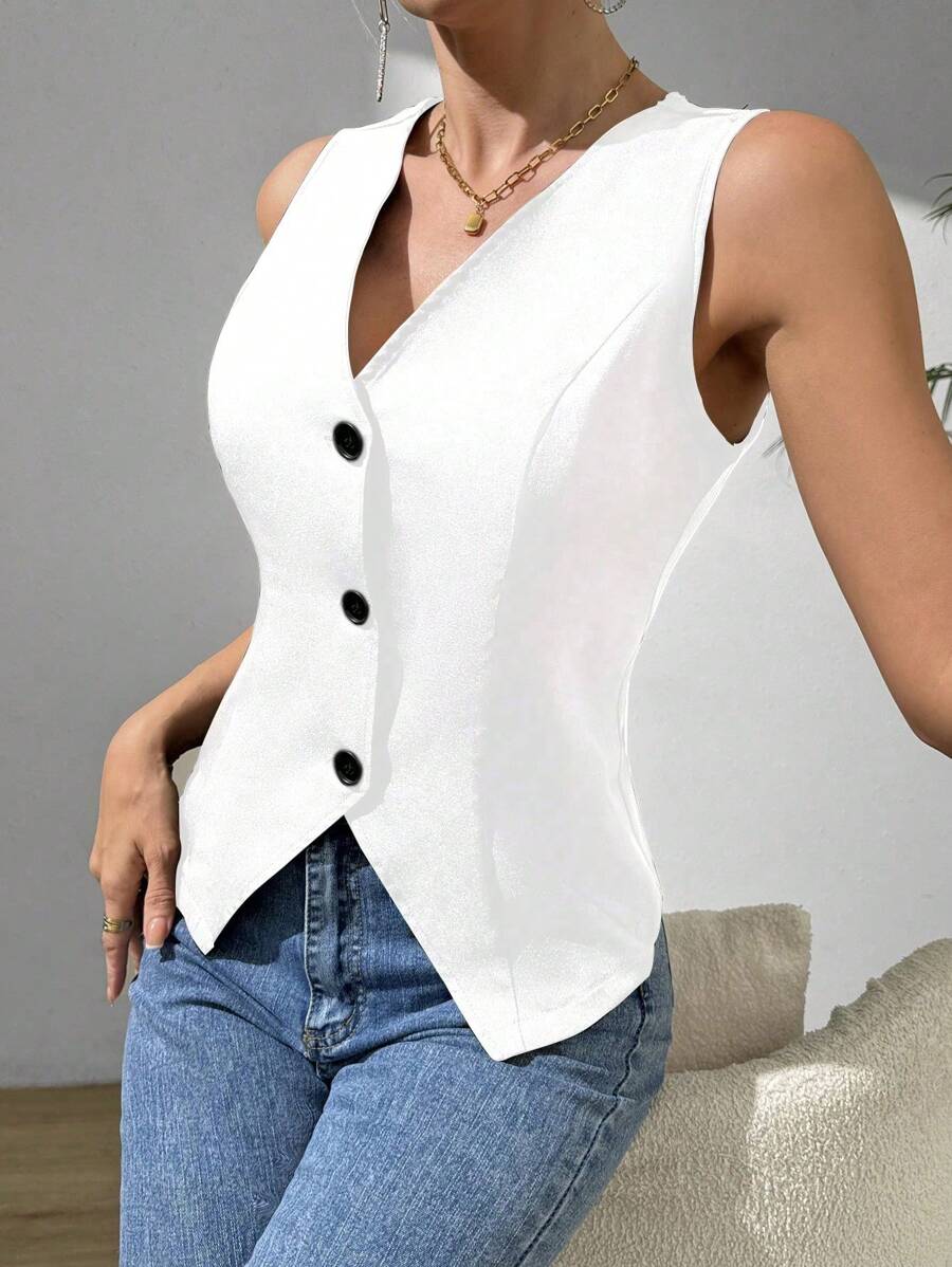 RosyDaze Casual Sleeveless Suit Vest With Open Slit And Single Breasted Front