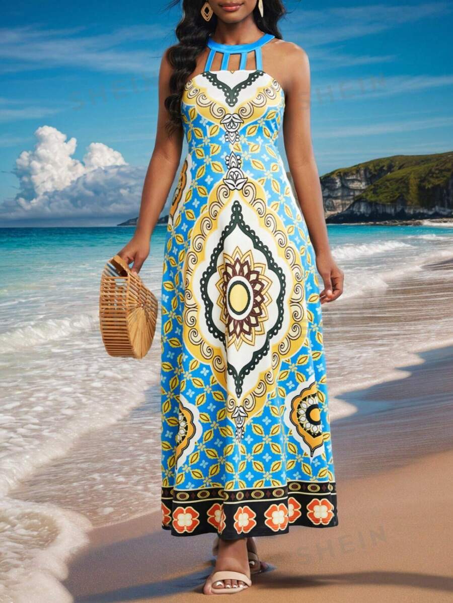 SHEIN Lady Vestido Flojo Y Sin Mangas Con Estampado Floral Y Huecos
