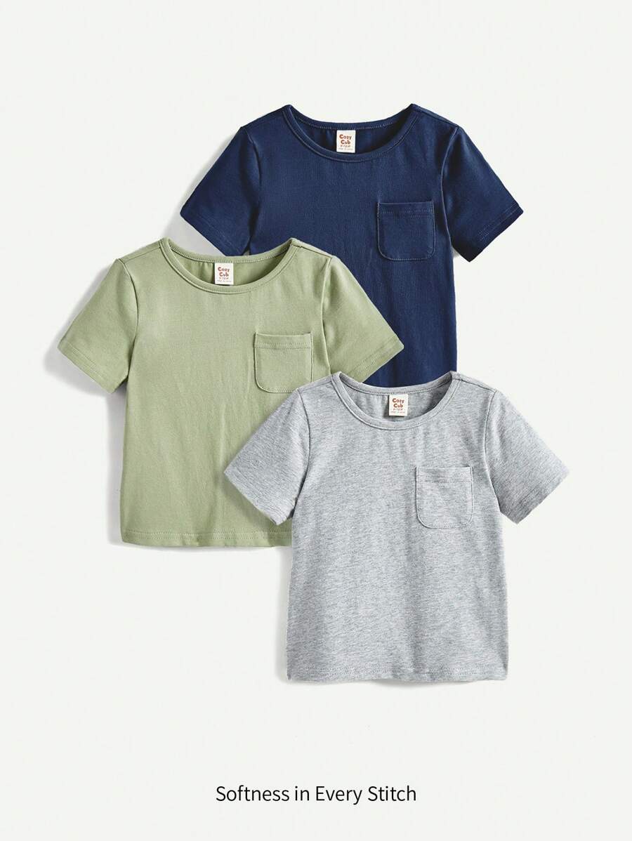 Cozy Pixies Baby Boy's 3pcs Knitted Soft Decorative Pocket Round Neck Short Sleeve Sweater Set