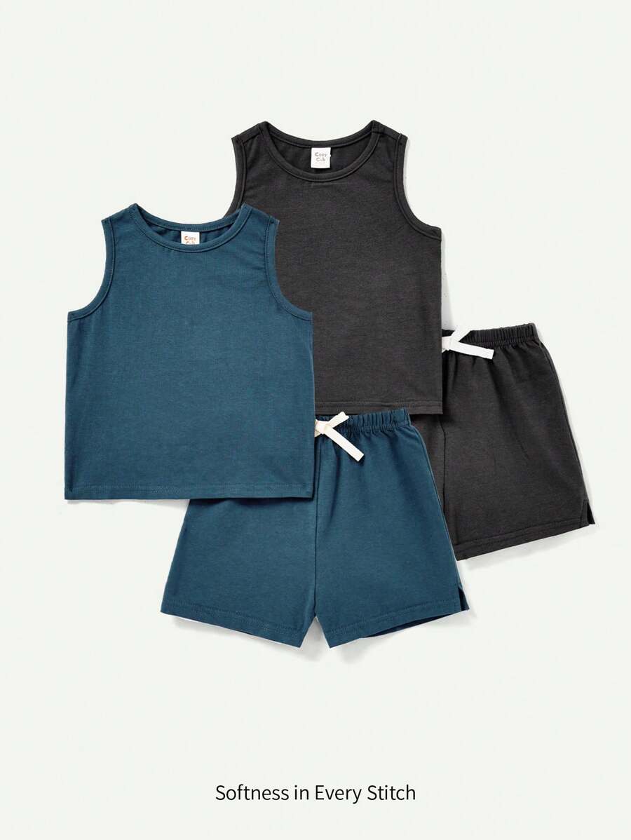 Cozy Pixies 4pcs Baby Boy Solid Color Vest & Bow Decoration Casual Shorts Set Matching Set