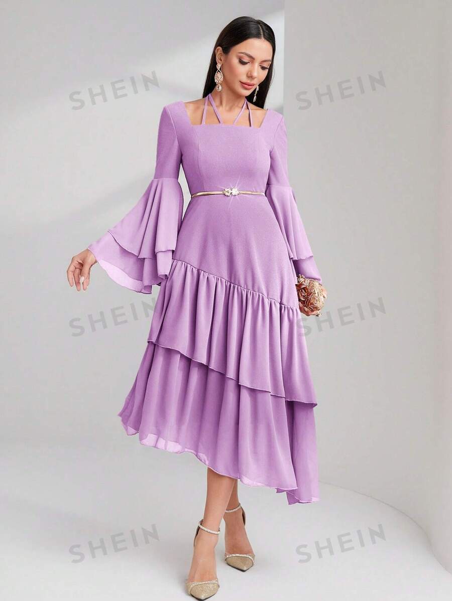 Modelyn Vestido de noche de unicolor con mangas acampanadas, volantes y bajo asimétrico para mujeres