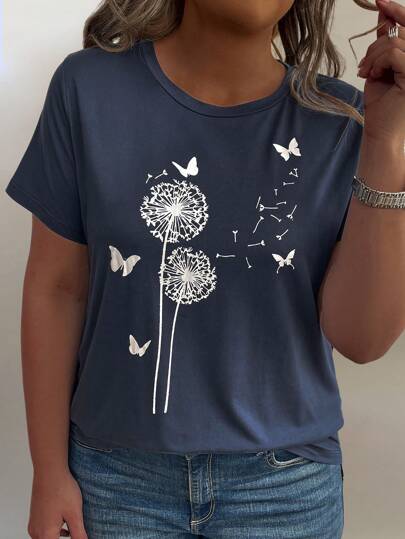 EMERY ROSE Plus Size Dandelion Butterfly Printed Short Sleeve T-Shirt For Summer Graphic Tees Women Tops