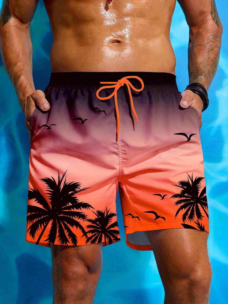 Manfinity Swimmode Men's Palm Tree Print Waist Drawstring Beach Shorts,Hawaiian