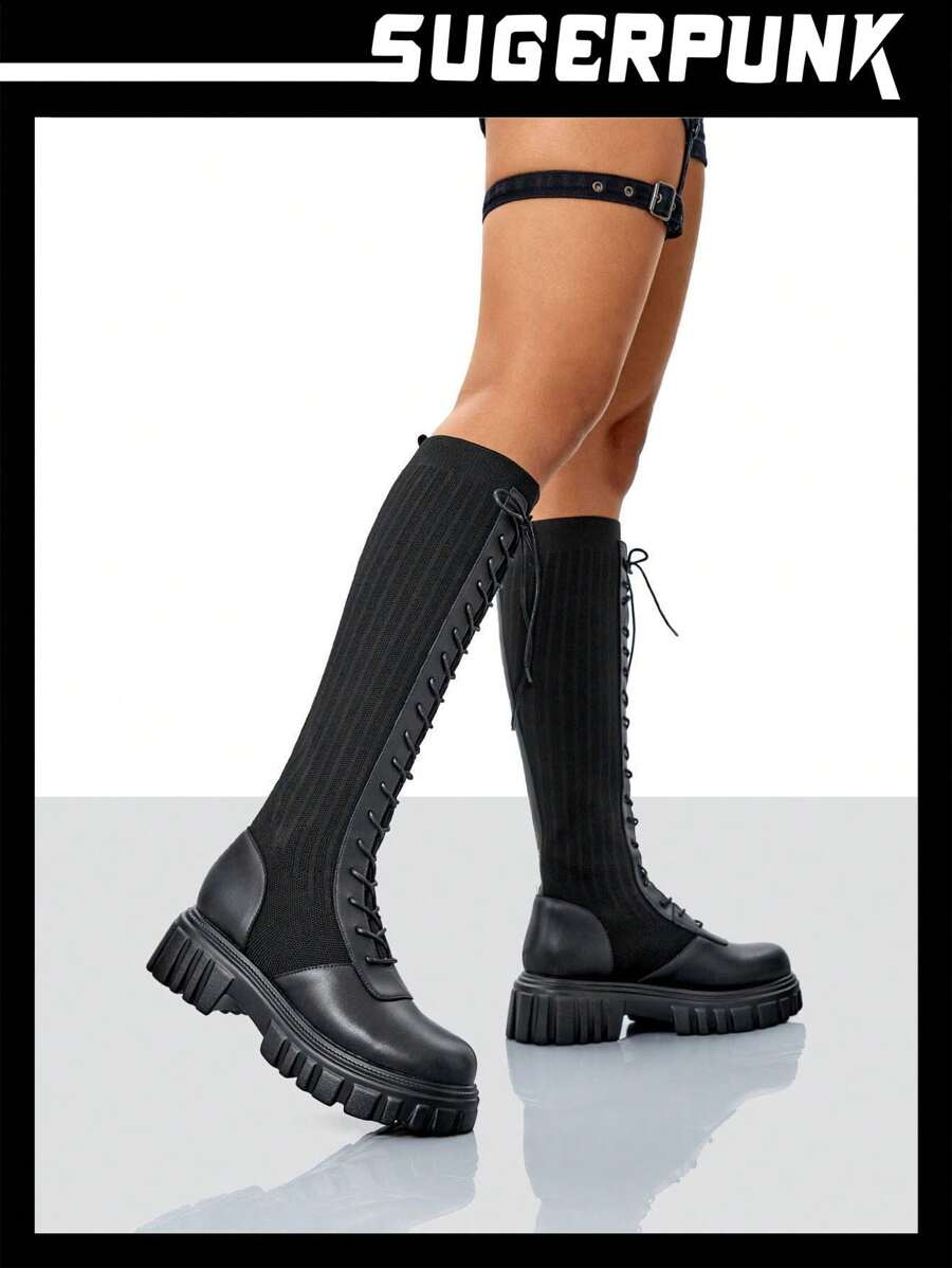 Sugerpunk Botas calcetín con plataforma y cordones delanteros para vacaciones de verano en oferta para Navidad y Año Nuevo