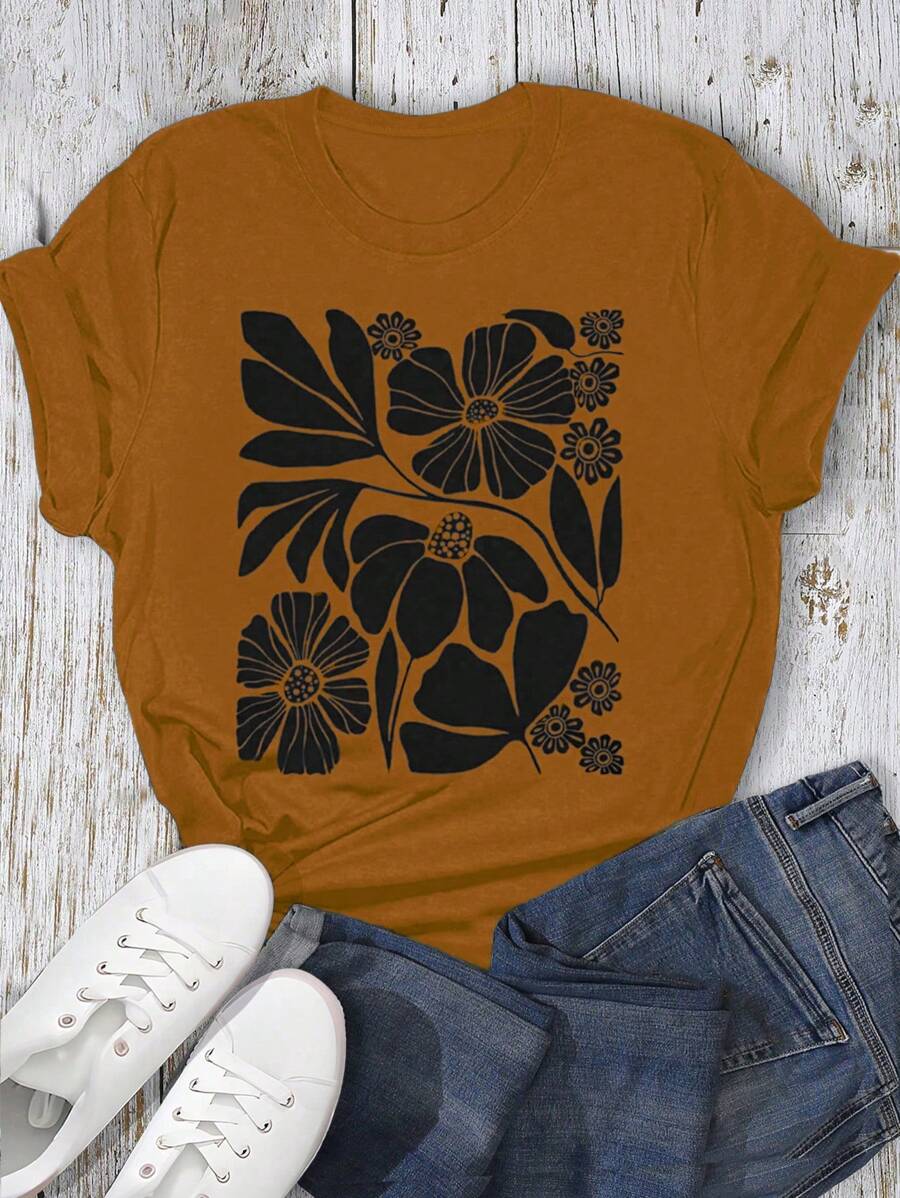 SHEIN LUNE Plus Size Floral Heat Transfer Print Casual Short Sleeve T-Shirt, Summer Graphic Tees Women Tops