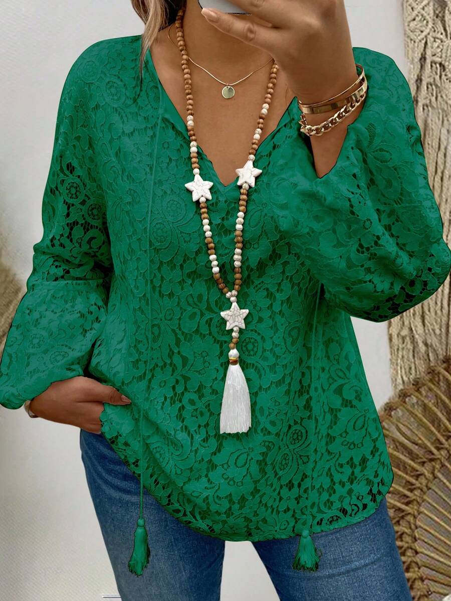 EMERY ROSE Plus Size Women's Lace Lantern Sleeve Casual Loose Blouse For Spring/Summer